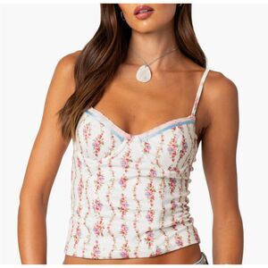 EDIKTED Indira Floral Lace-Up Corset Cami Top Cottagecore Coquette Sz S